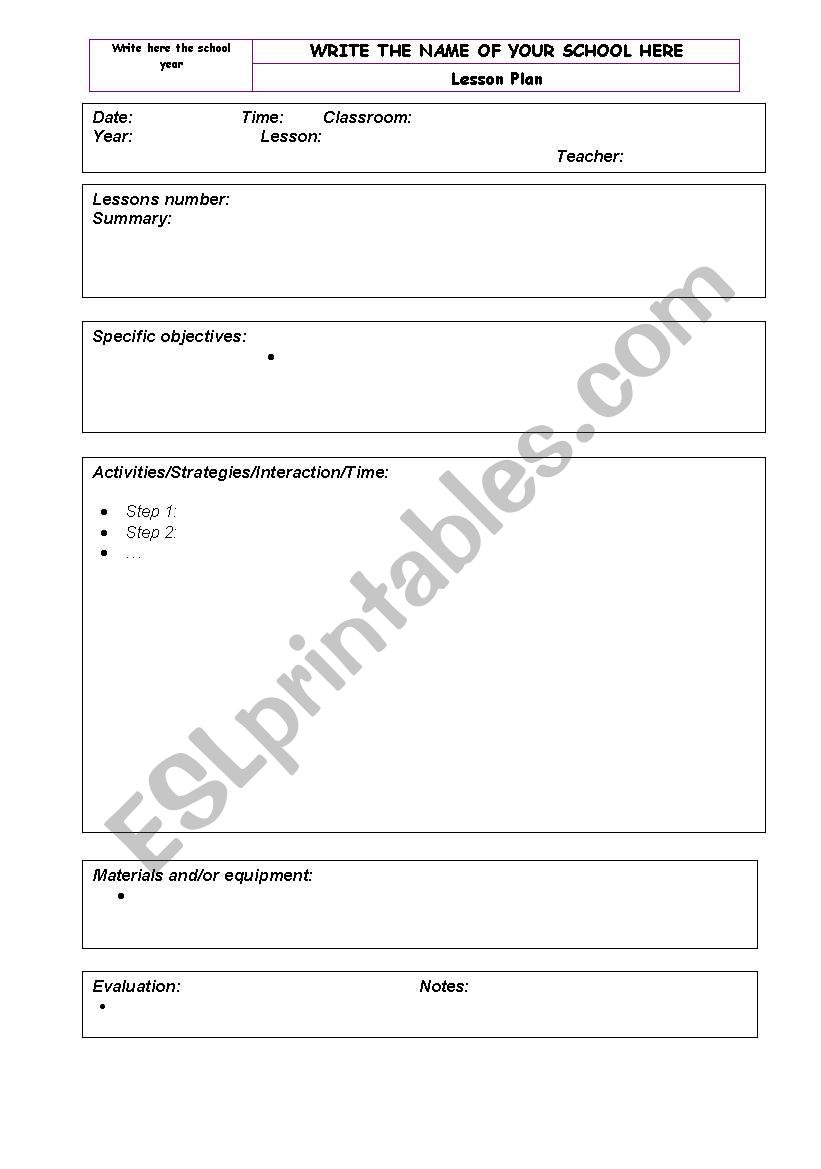 Lesson plan sample worksheet