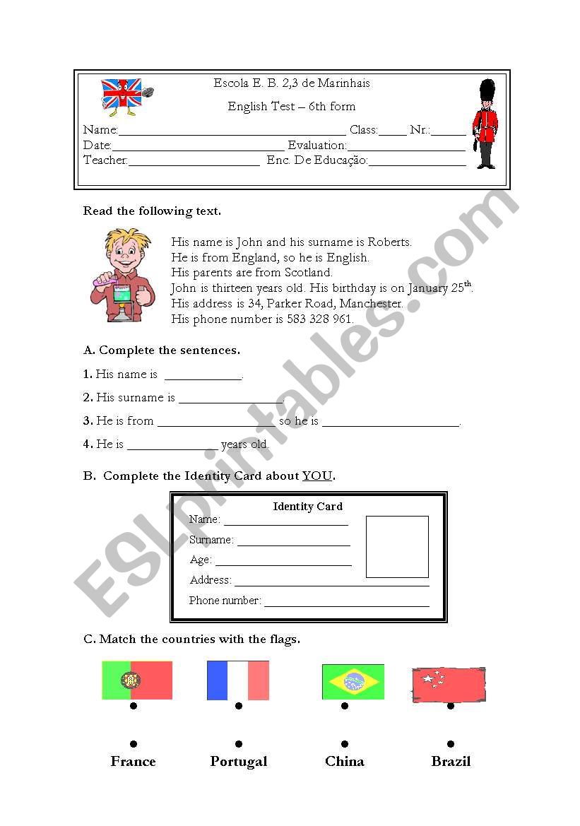 Test 6th grade (Portugal) NEE worksheet