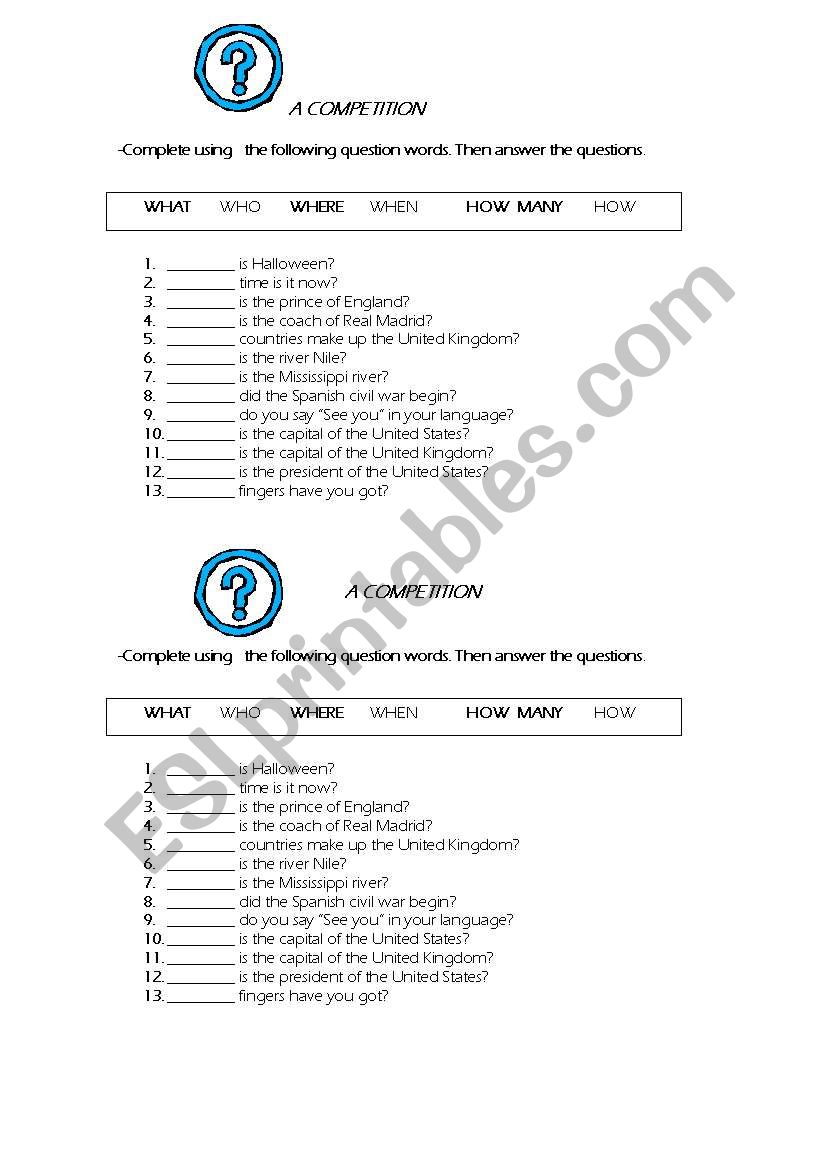 QUESTION WORDS -A competition worksheet