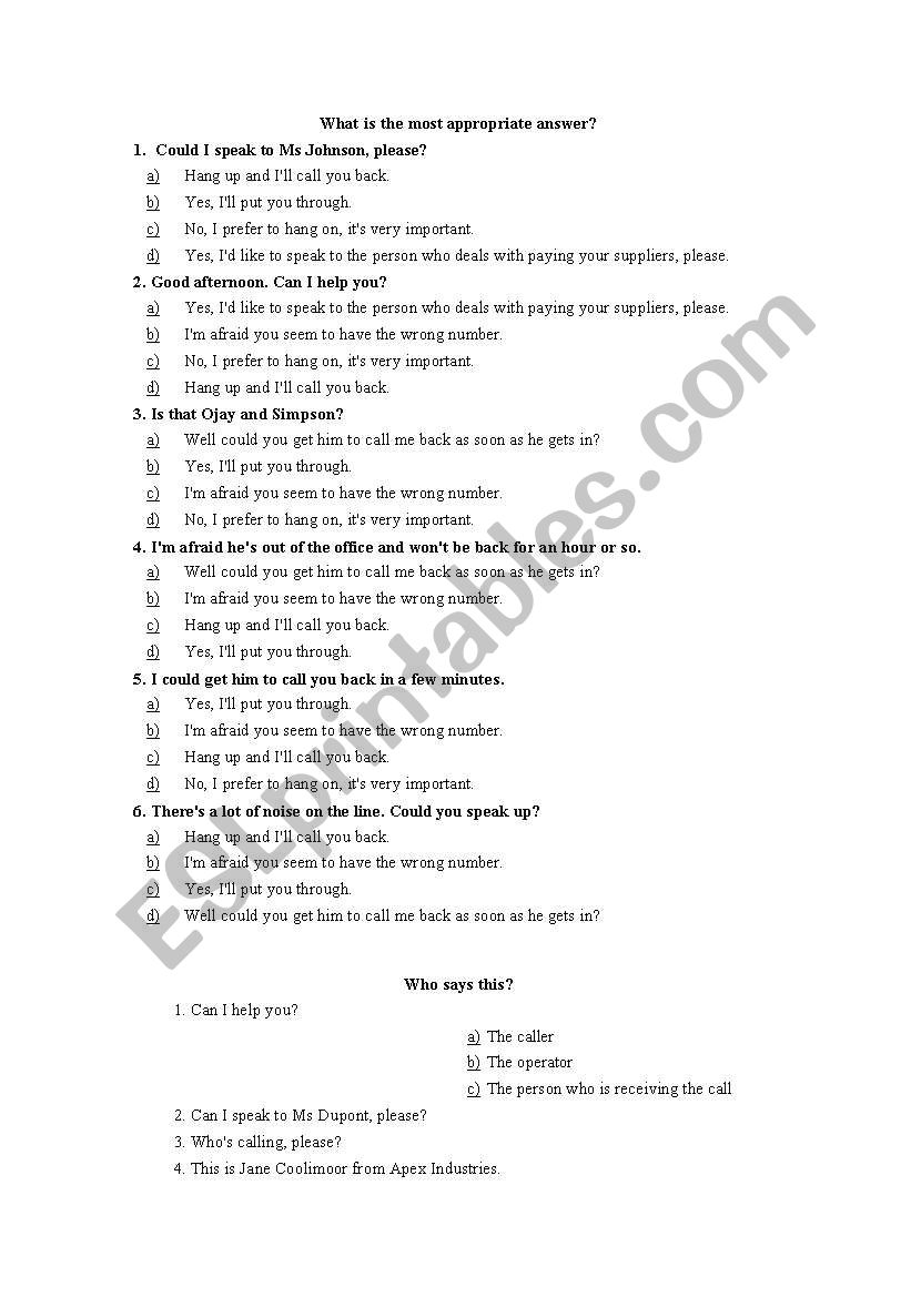 Telephone language worksheet