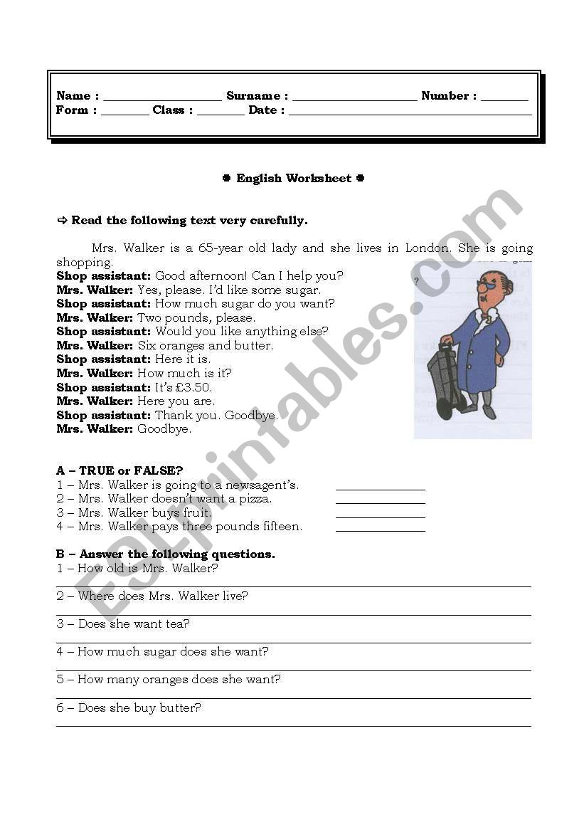 Shopping worksheet