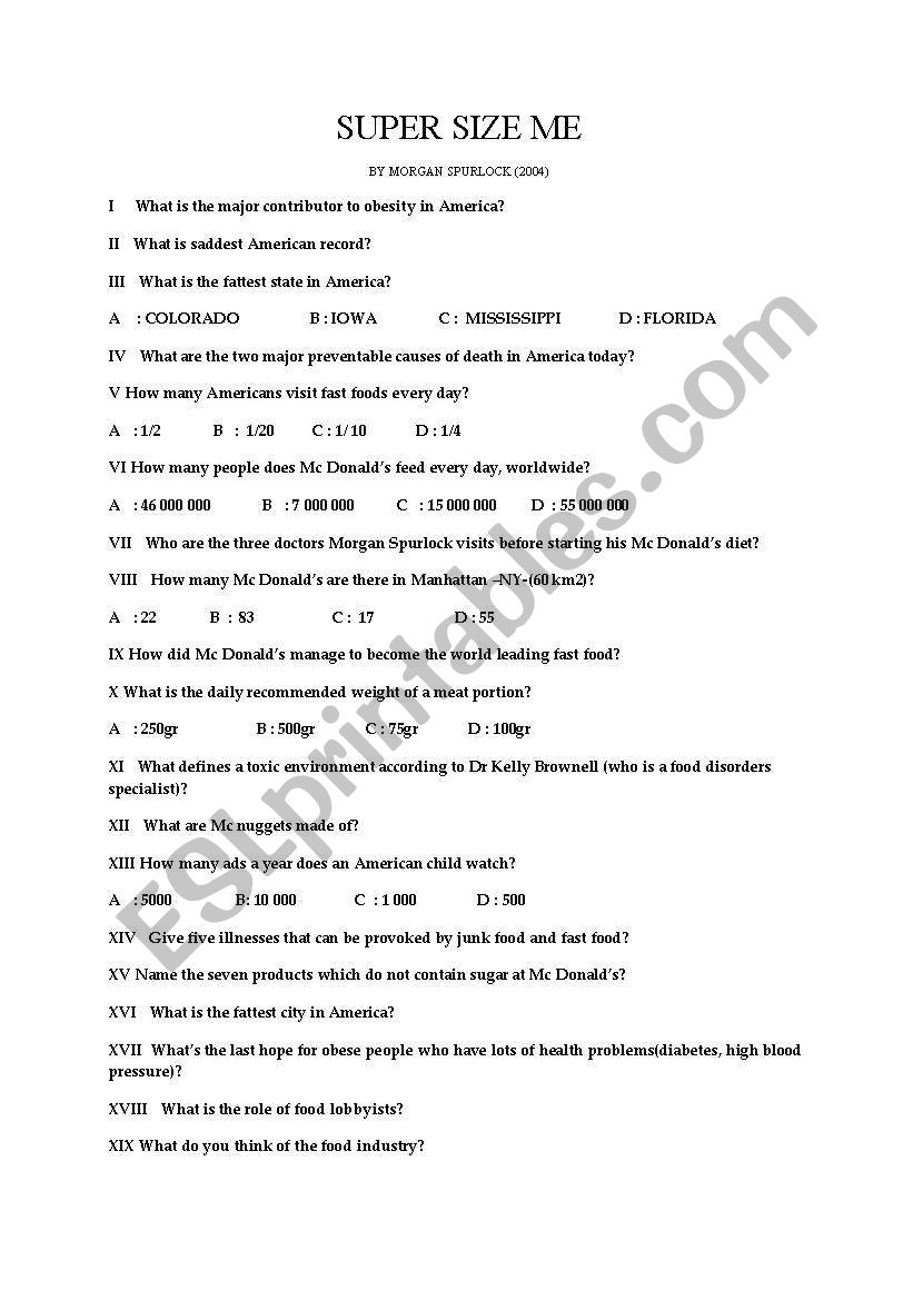 SUPER SIZE ME  worksheet