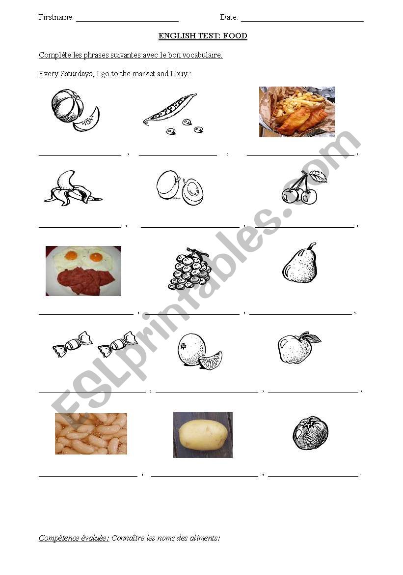 test about food worksheet