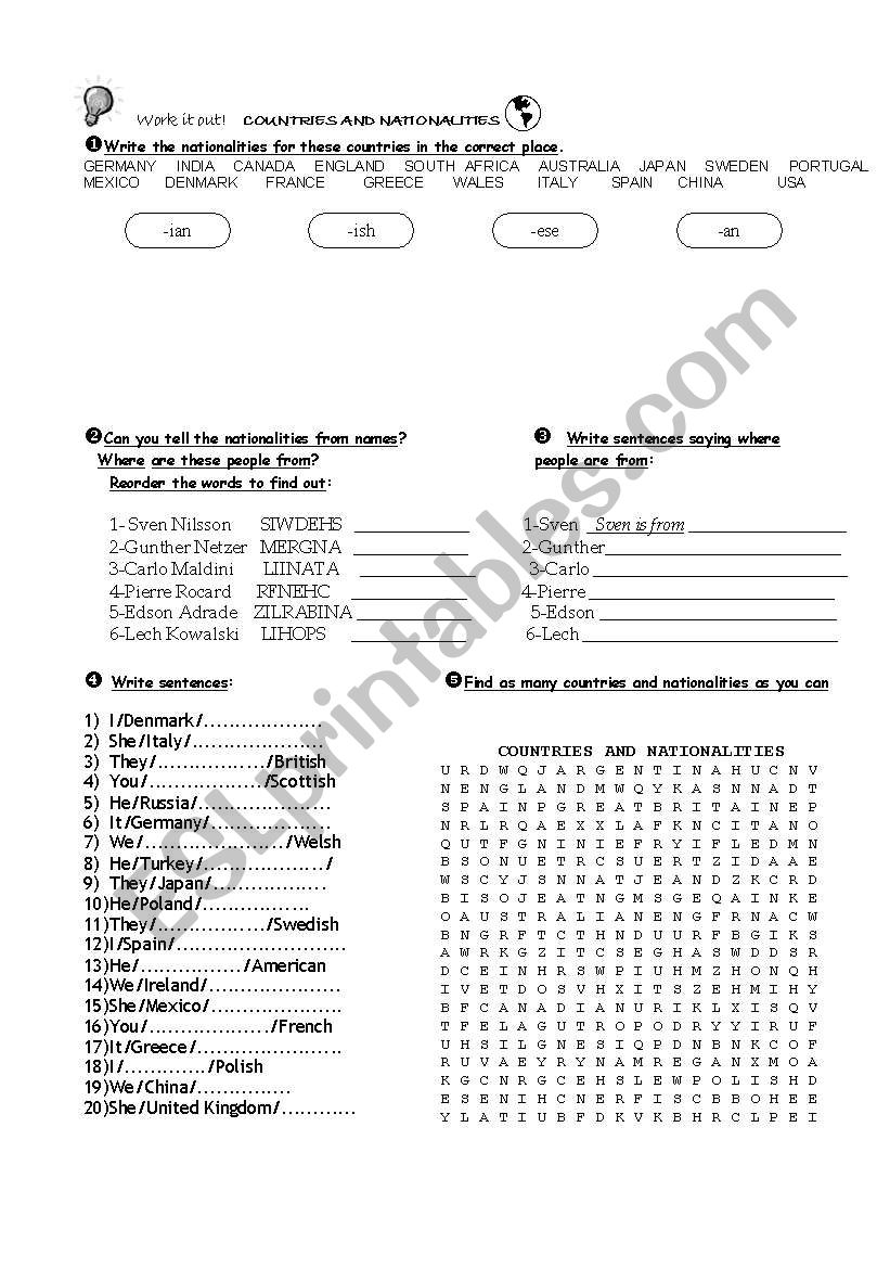 Countries and nationalities worksheet