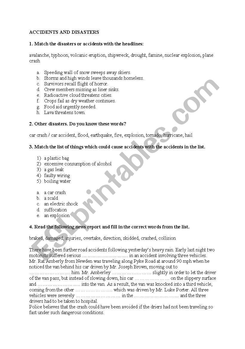 Accidents and disasters worksheet
