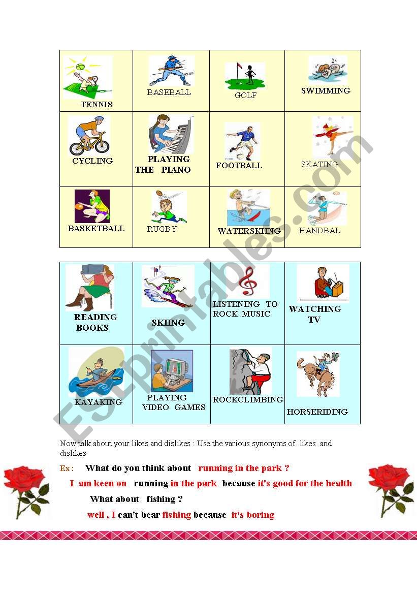 Sports and hobbies : likes and dislikes ( synonym expressions ) - ESL  worksheet by Patou