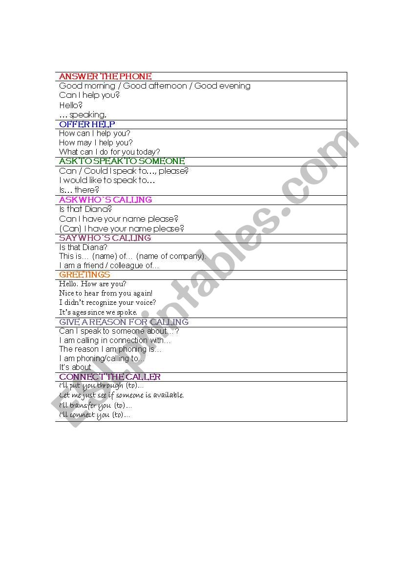 telephone english worksheet