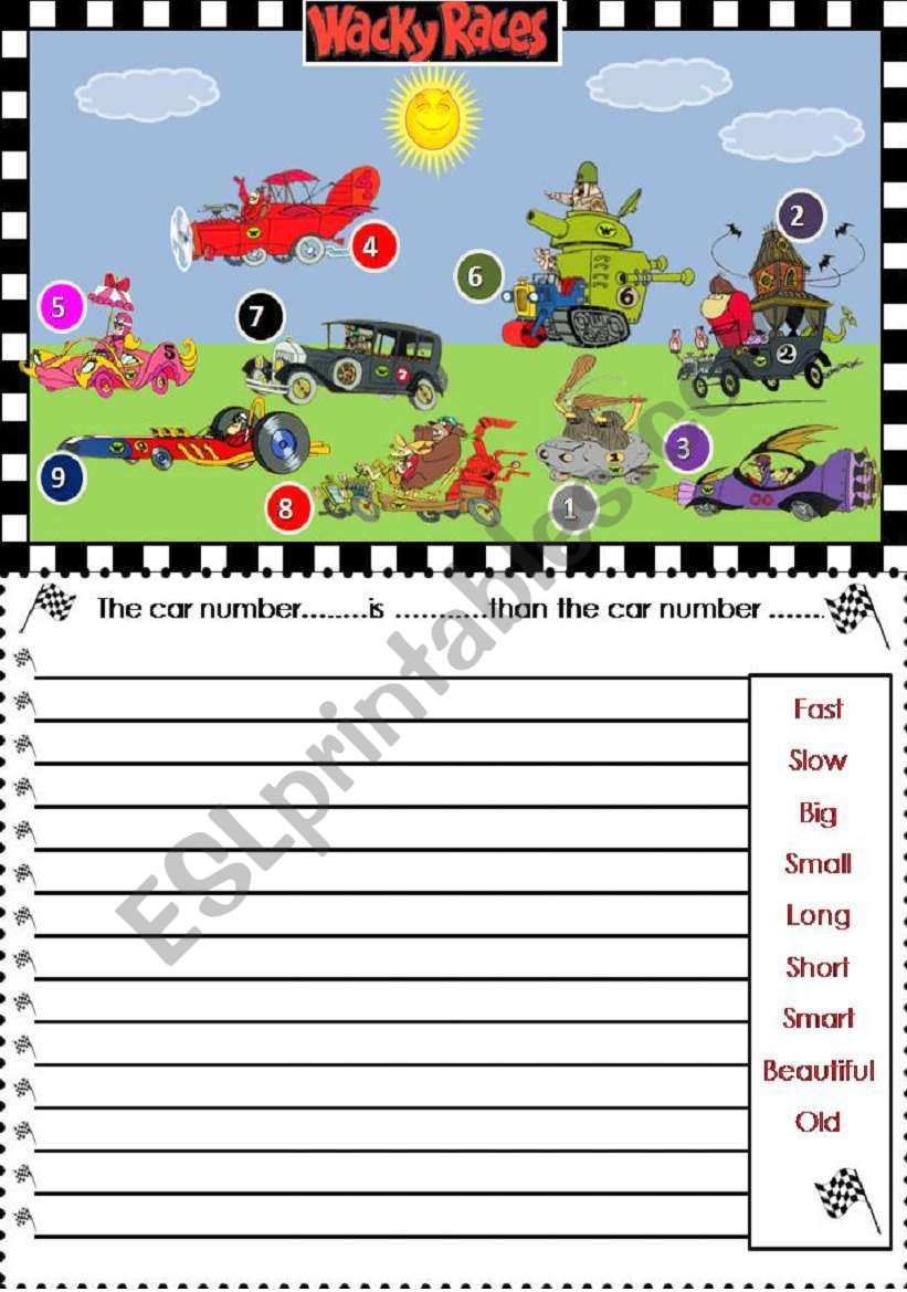 Wacky races- COMPARATIVES worksheet