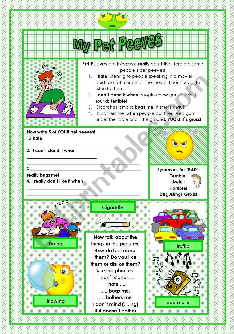 My Pet Peeves! (Dislikes) worksheet