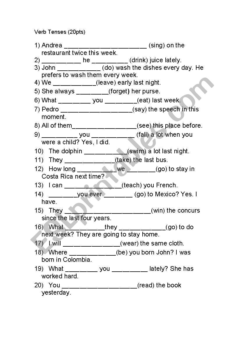 Verb tenses worksheet