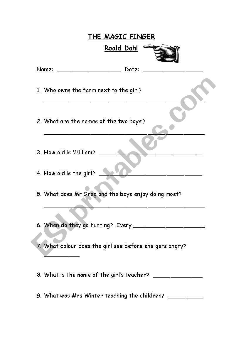 The magic finger  worksheet