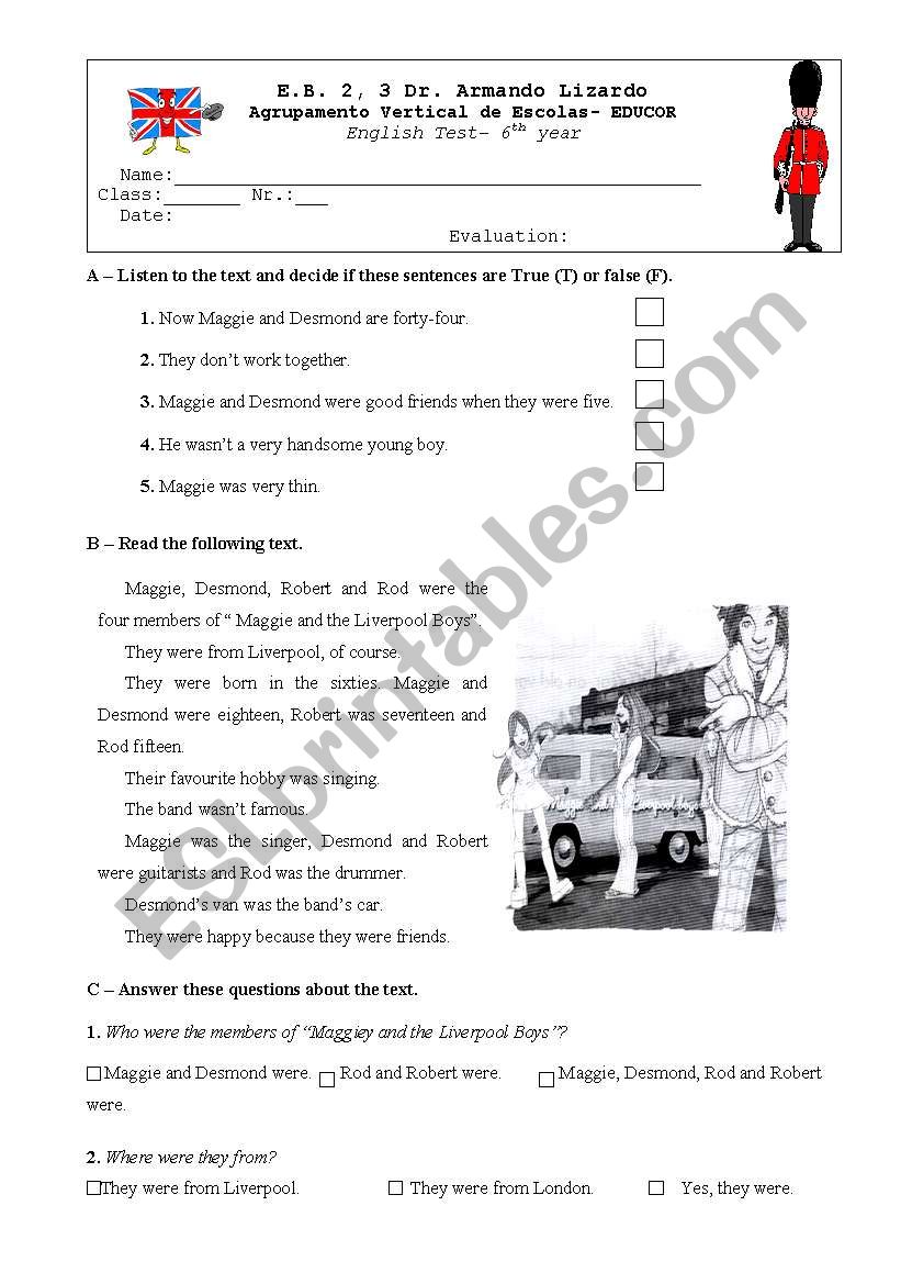 test Past Simple To BE worksheet