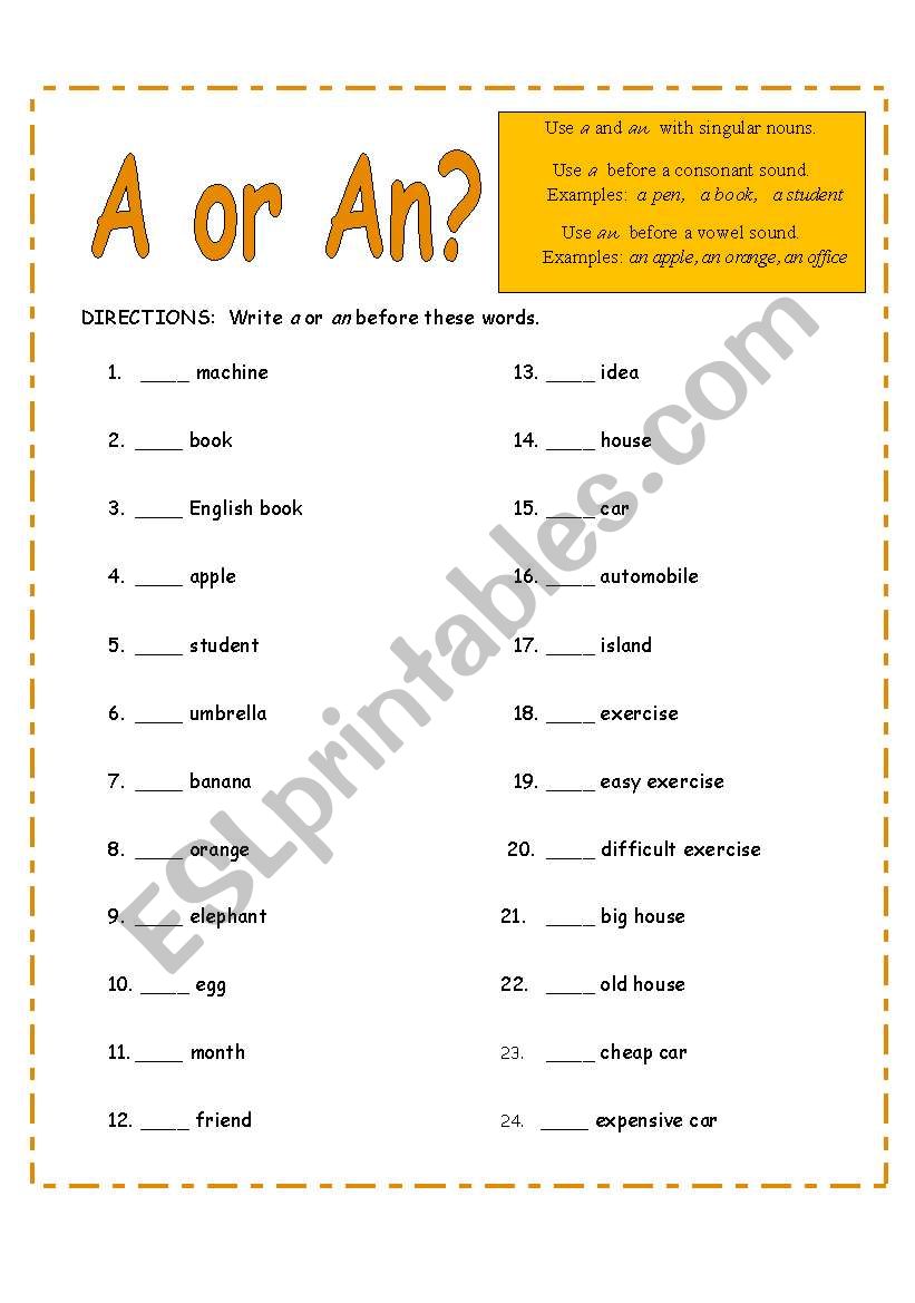 a or an? worksheet