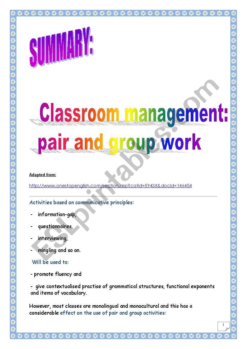 Pair & group work in ESL (Classroom management): article summary