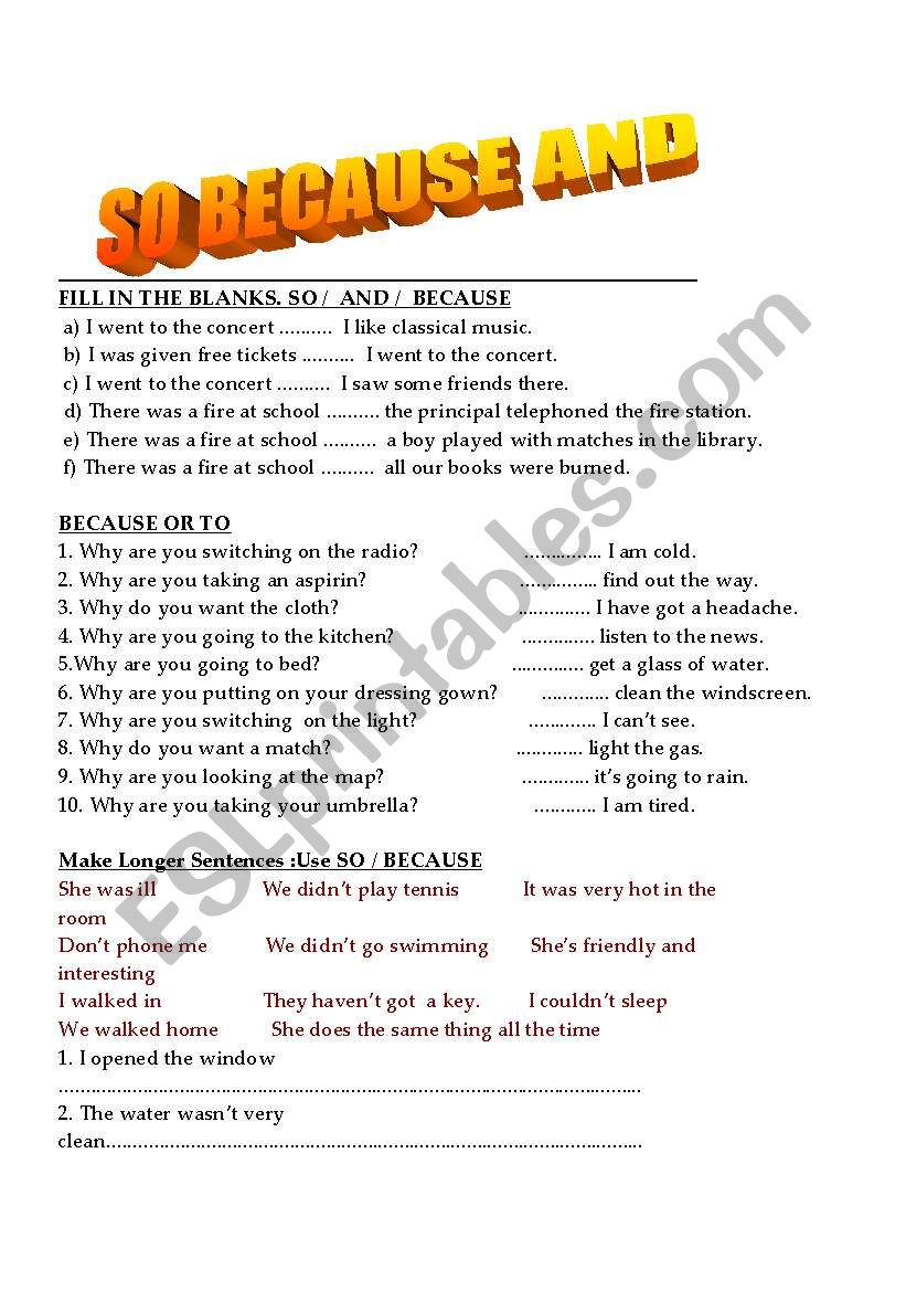 so because and worksheet