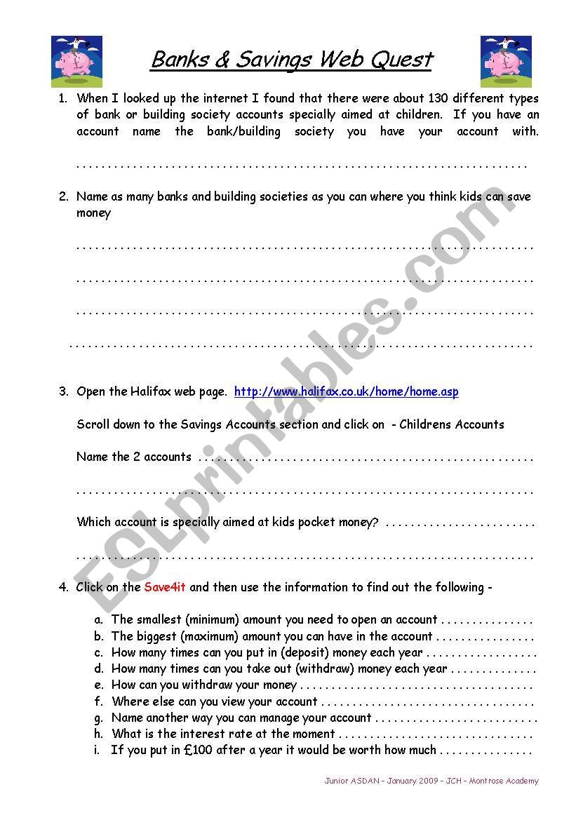 WEBQUEST - Banks & savings worksheet