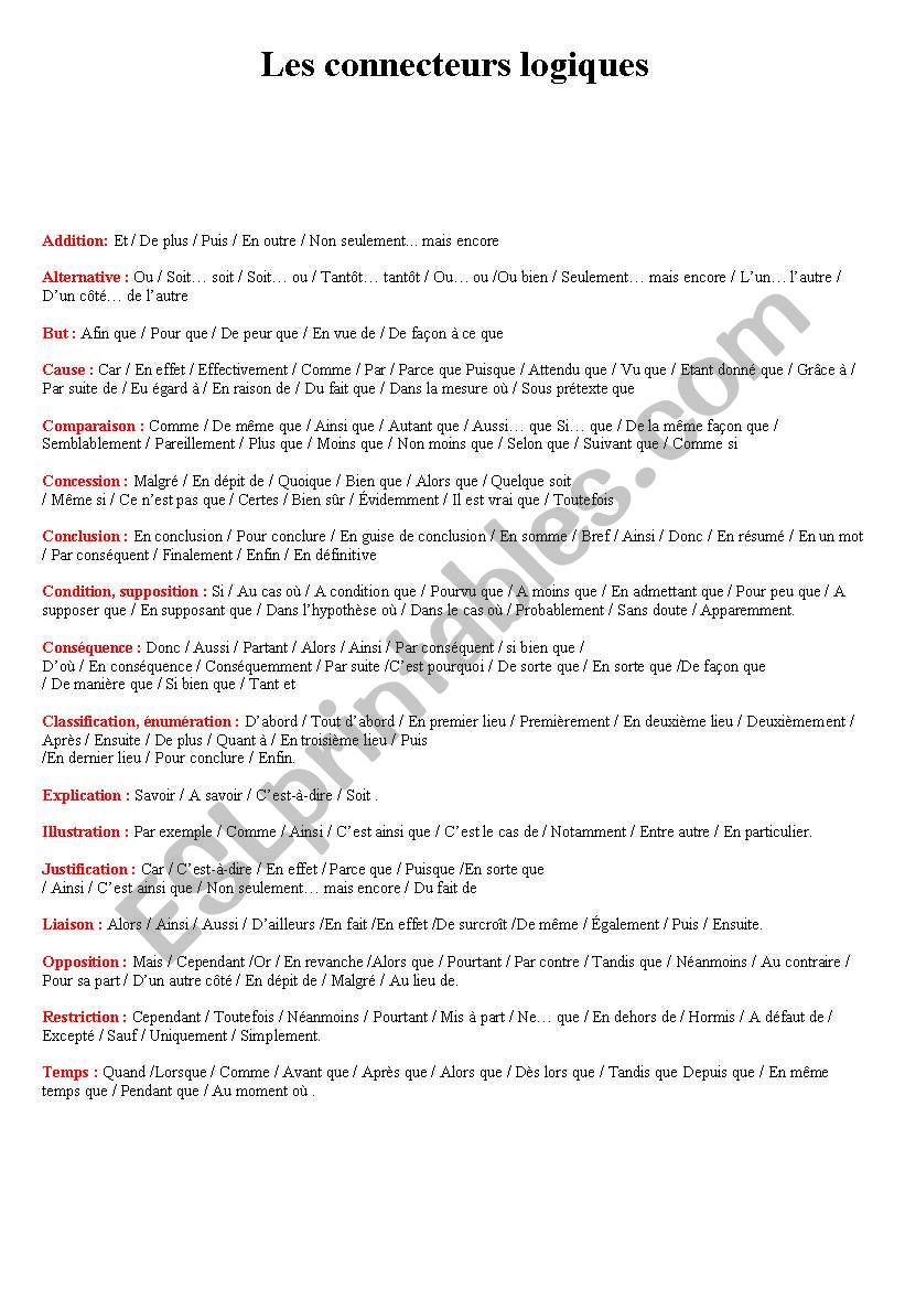 connecteurs logiques worksheet
