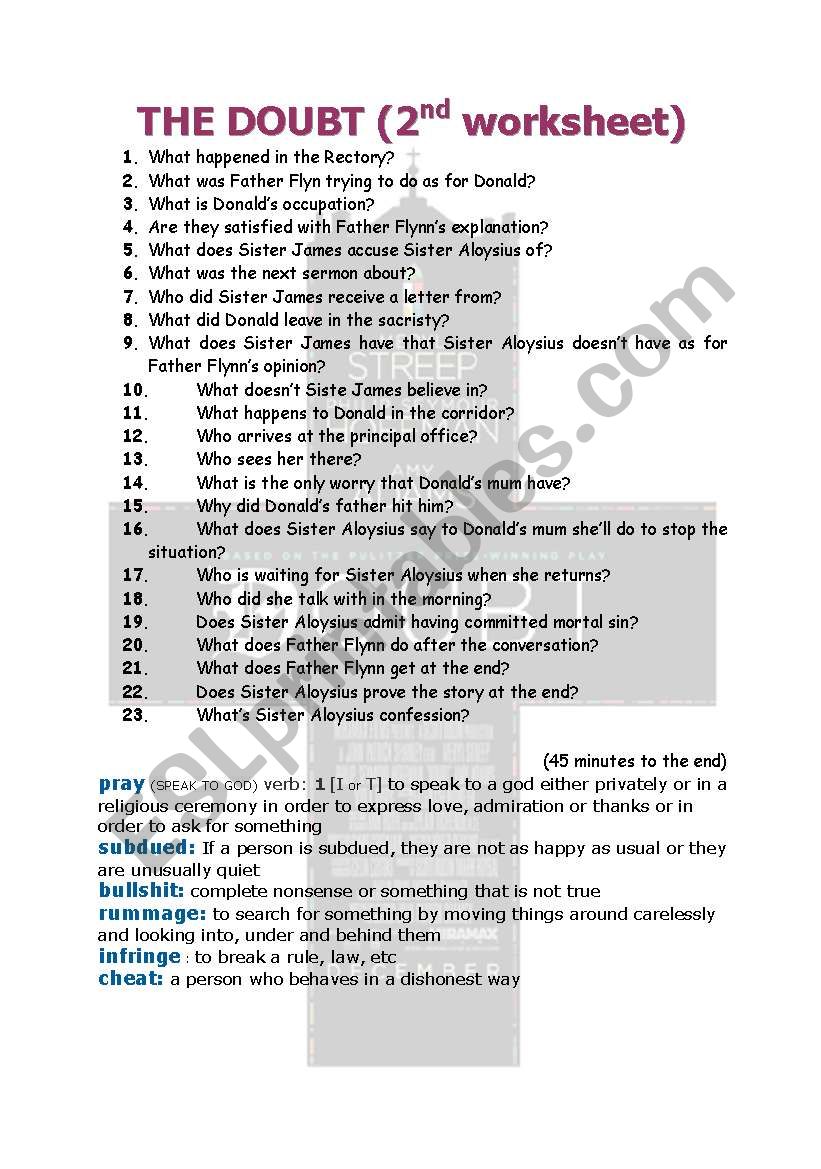 The doubt (second worksheet) worksheet