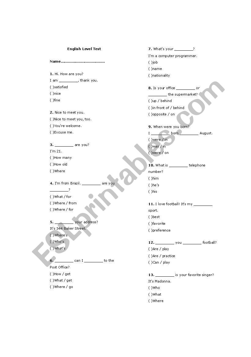English Level Test worksheet
