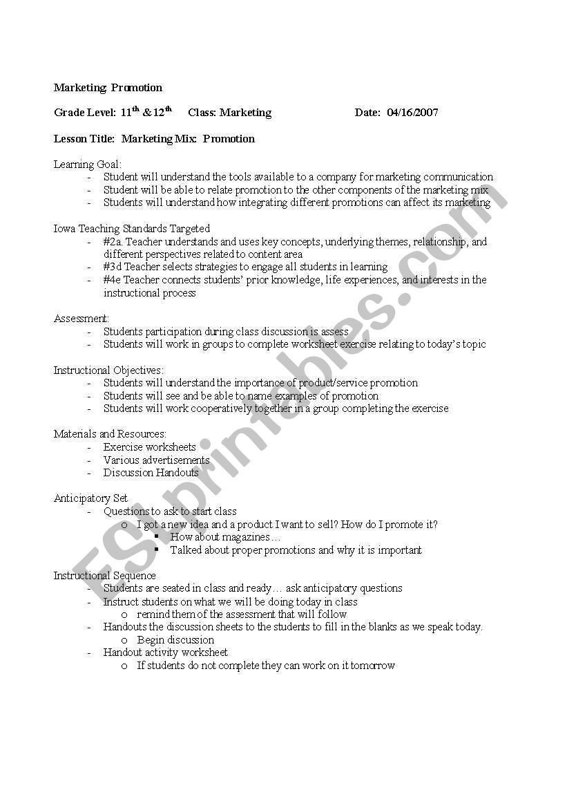 Marketing Mix worksheet