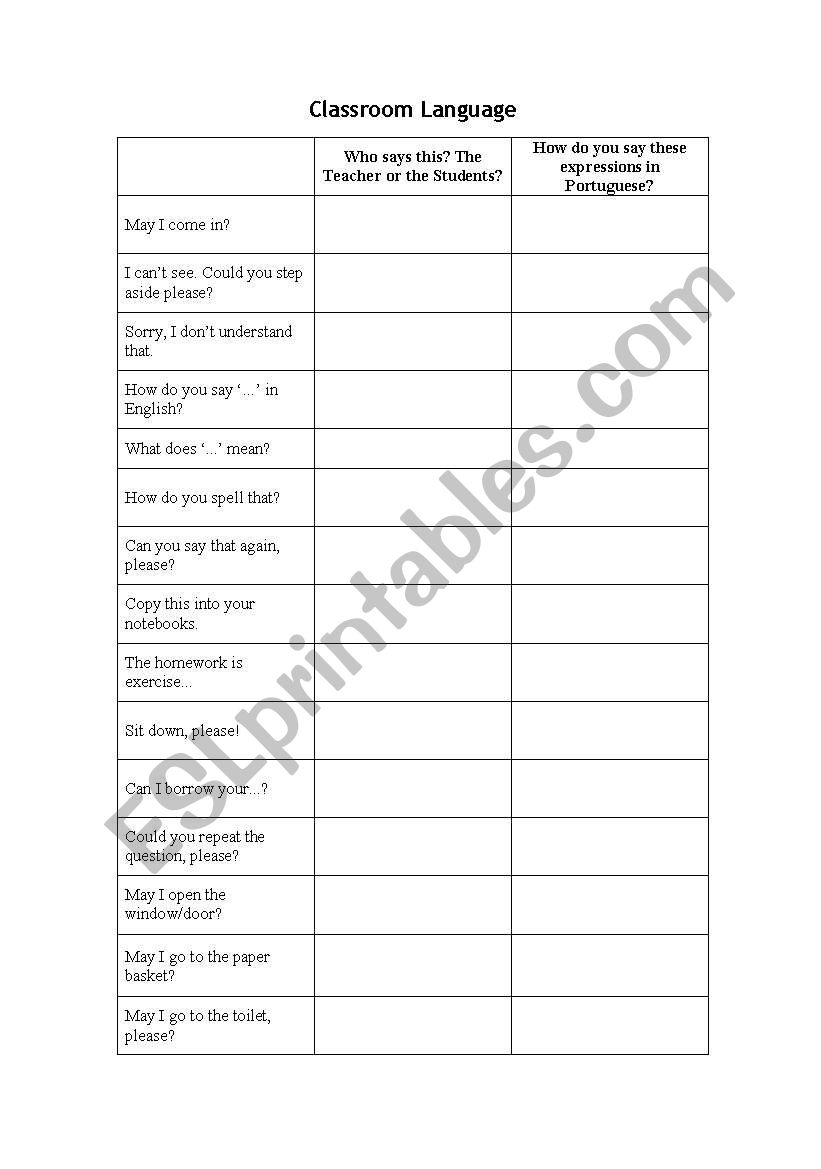 Classroom language worksheet worksheet