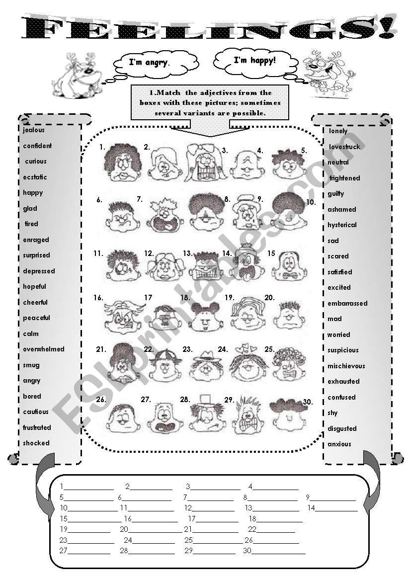 FEELINGS! - vocabulary set for intermediate and upper-intermediate students (2 pages +keys)different vocabulary activities