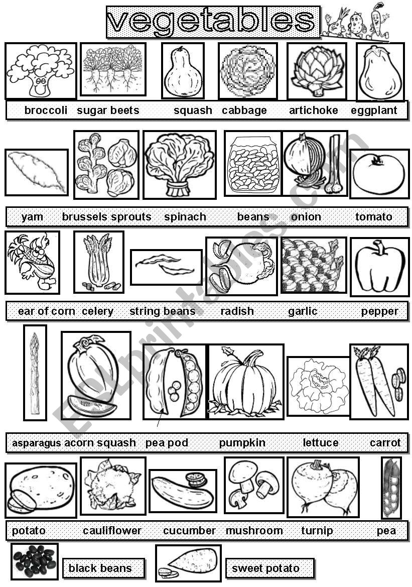 Vegetables pictionary BW version