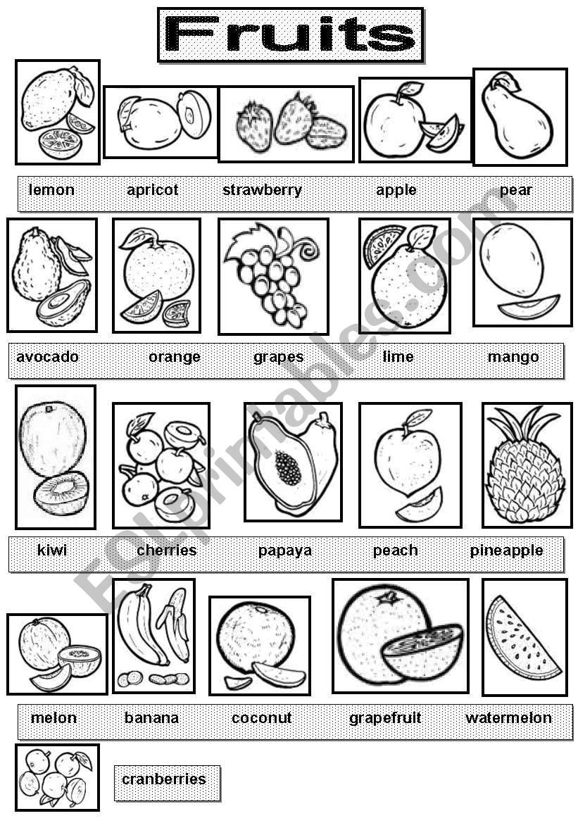 Fruits pictionary BW version worksheet