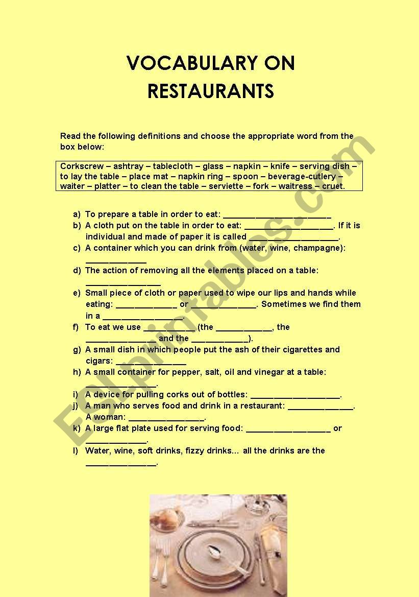 VOCABULARY ON RESTAURANTS worksheet