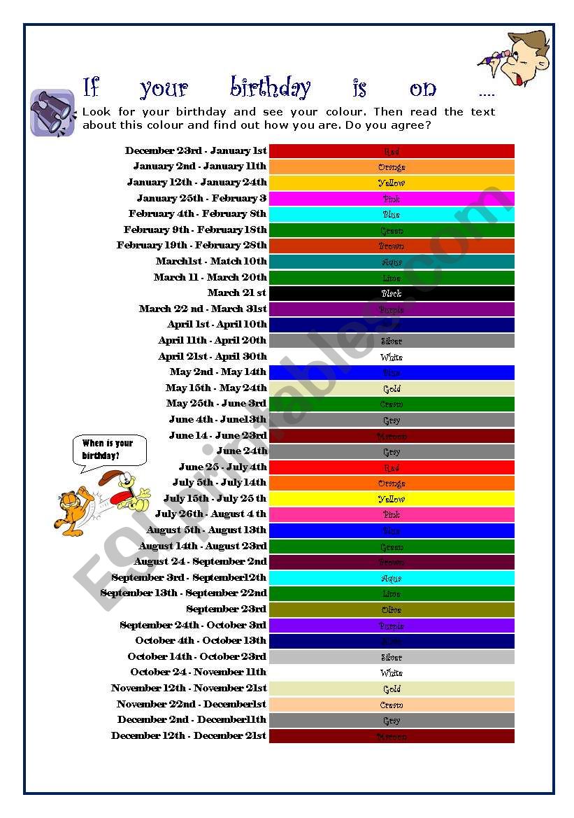 IF YOUR BIRTHDAY IS ON.... : PERSONALITY TEST BASED ON COLOURS (2 PAGES)