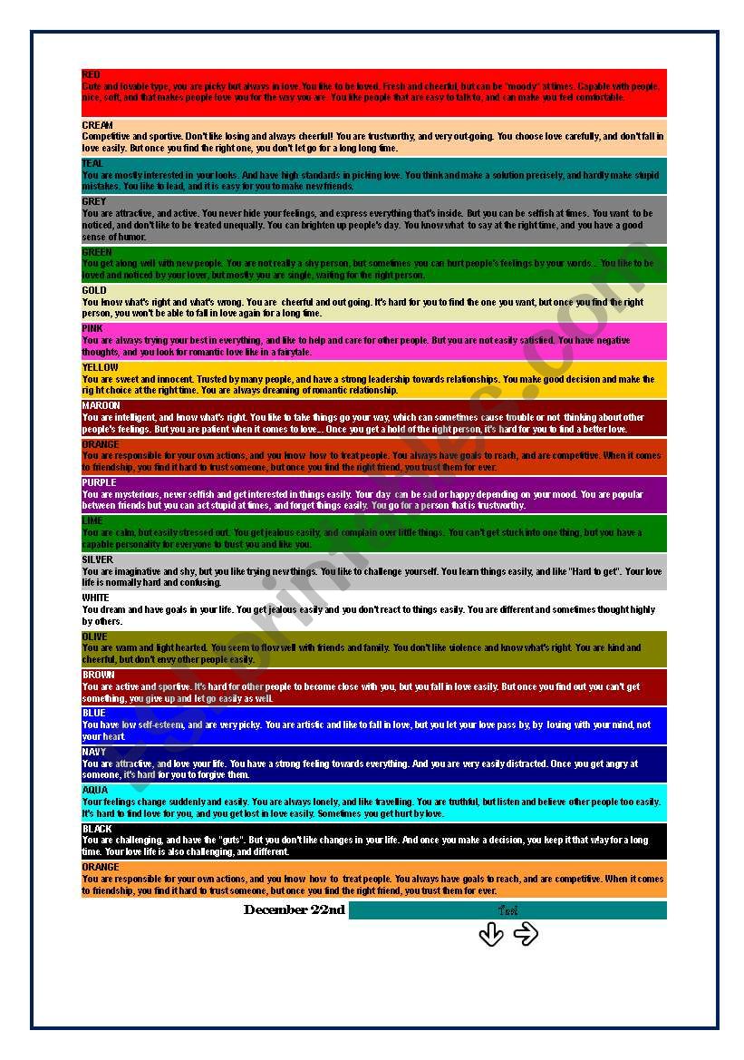 If Your Birthday Is On Personality Test Based On Colours 2 Pages Esl Worksheet By Joebcn It is primarily intended to diagnose people who are suspected of having mental health. personality test based on colours
