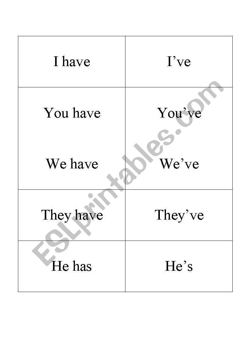 Contraction Matching Game worksheet