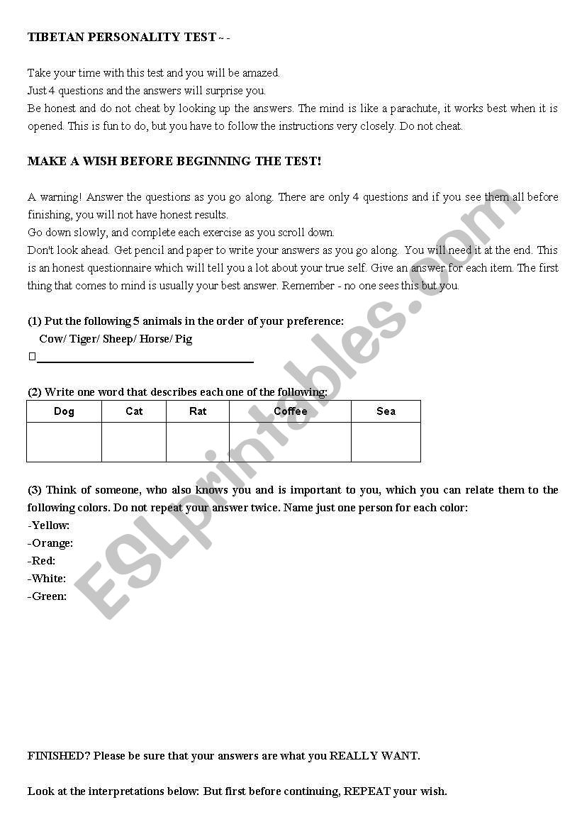 Personality Test worksheet