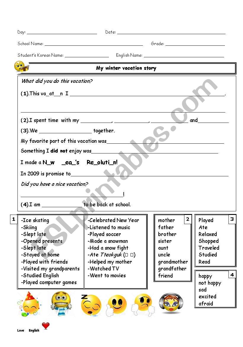 My Winter Vacation Story worksheet