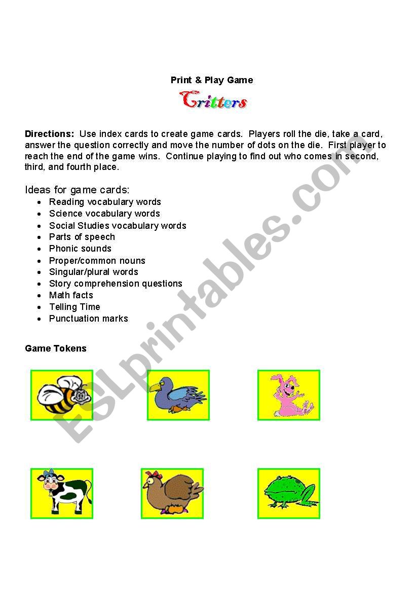 Critters Board Game worksheet
