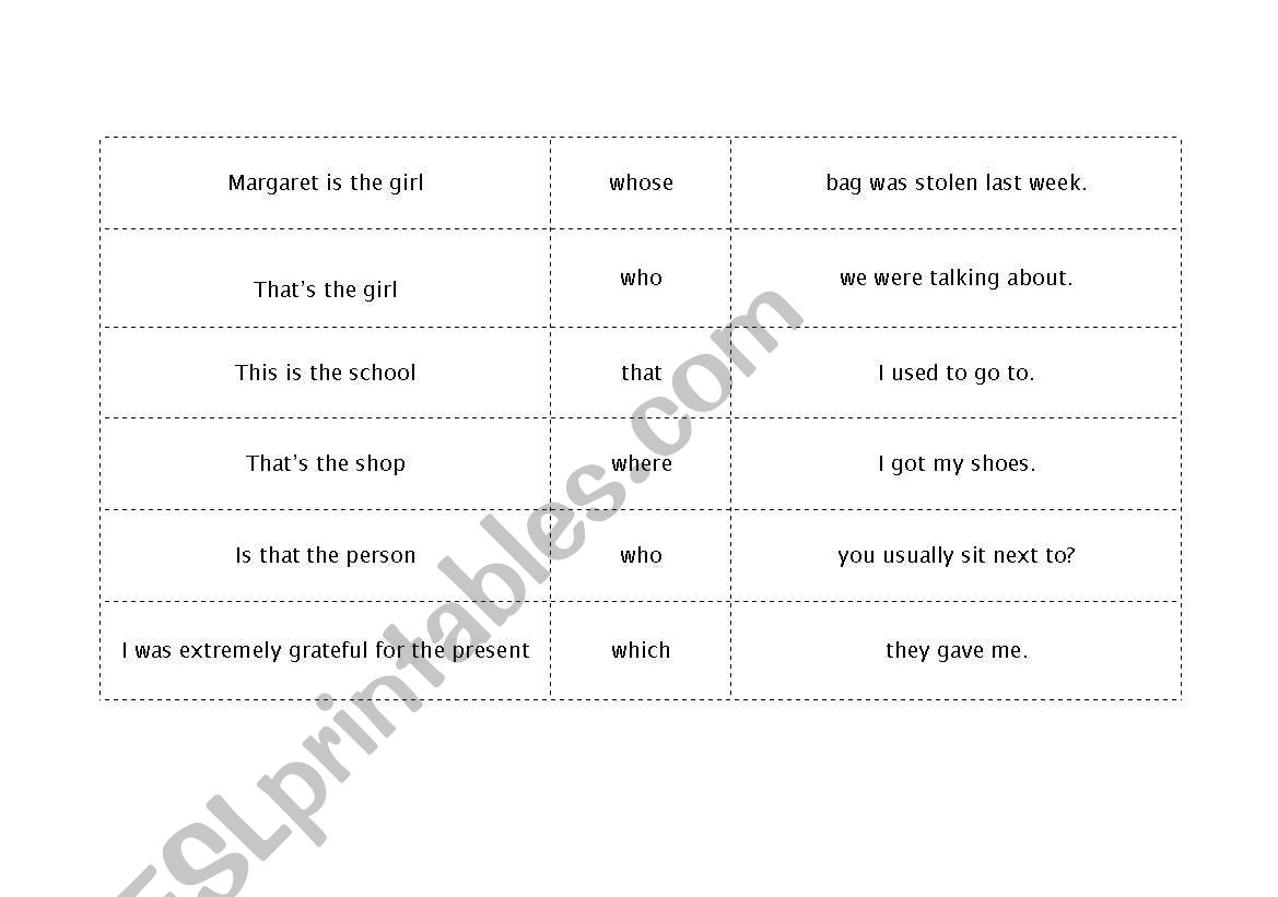 Defining relative clauses - cut up sentences