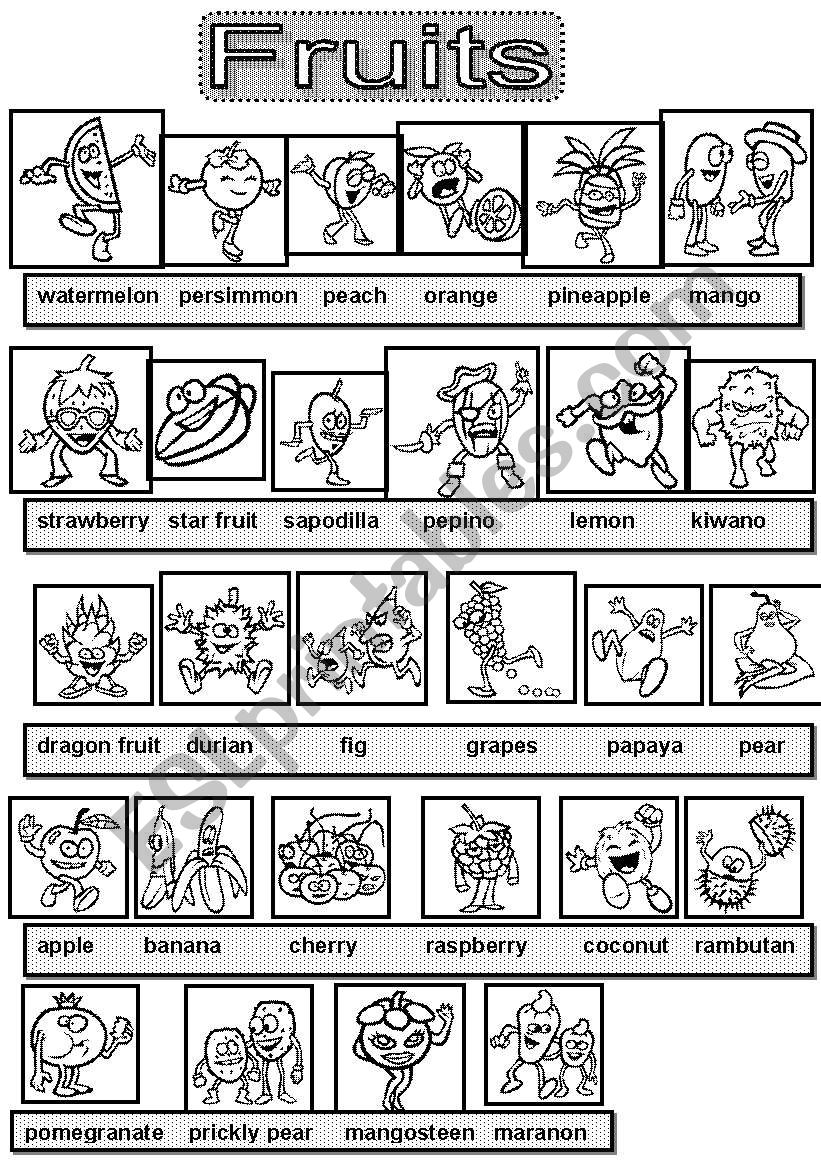 Fruits pictionary BW version worksheet