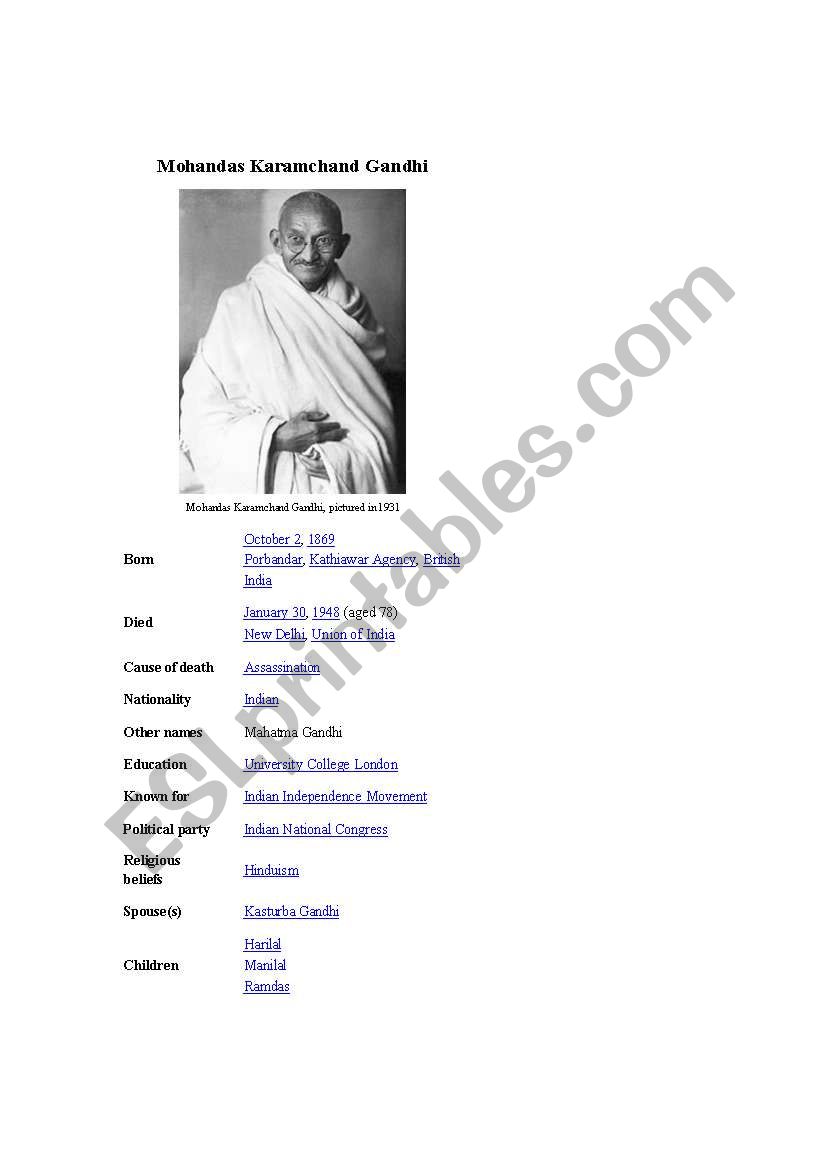 Mahatma Gandhi worksheet