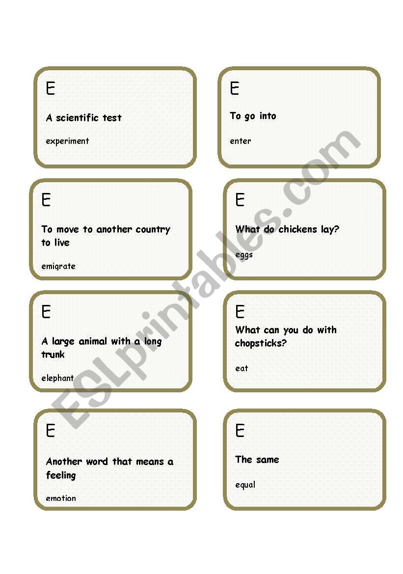 Alphabet game- letter E worksheet