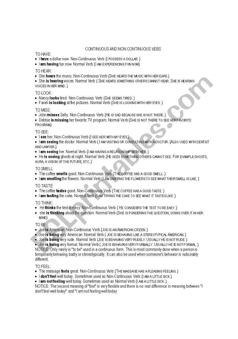 Continuous and Non continuous verbs