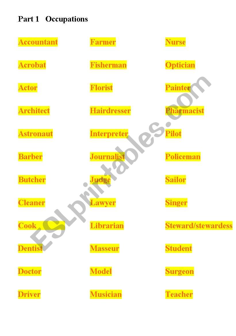 Occupation Game  worksheet