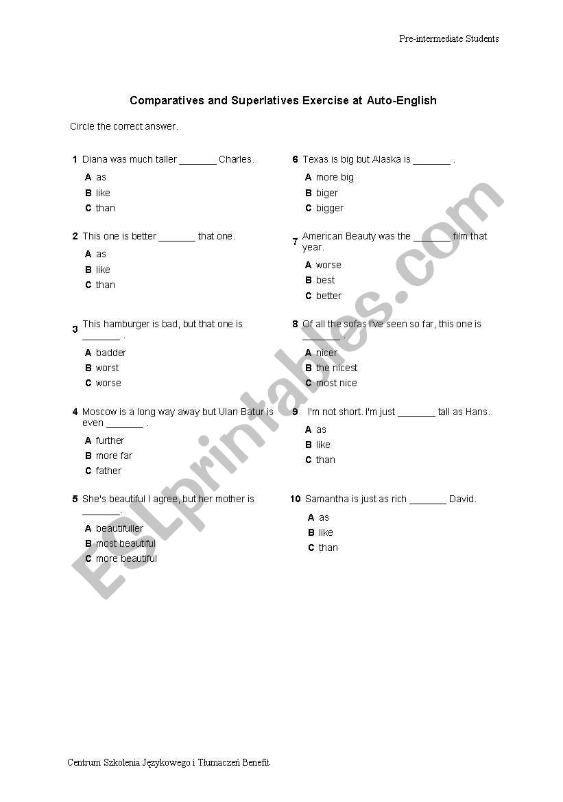 Comparatives vs. Superlatives worksheet