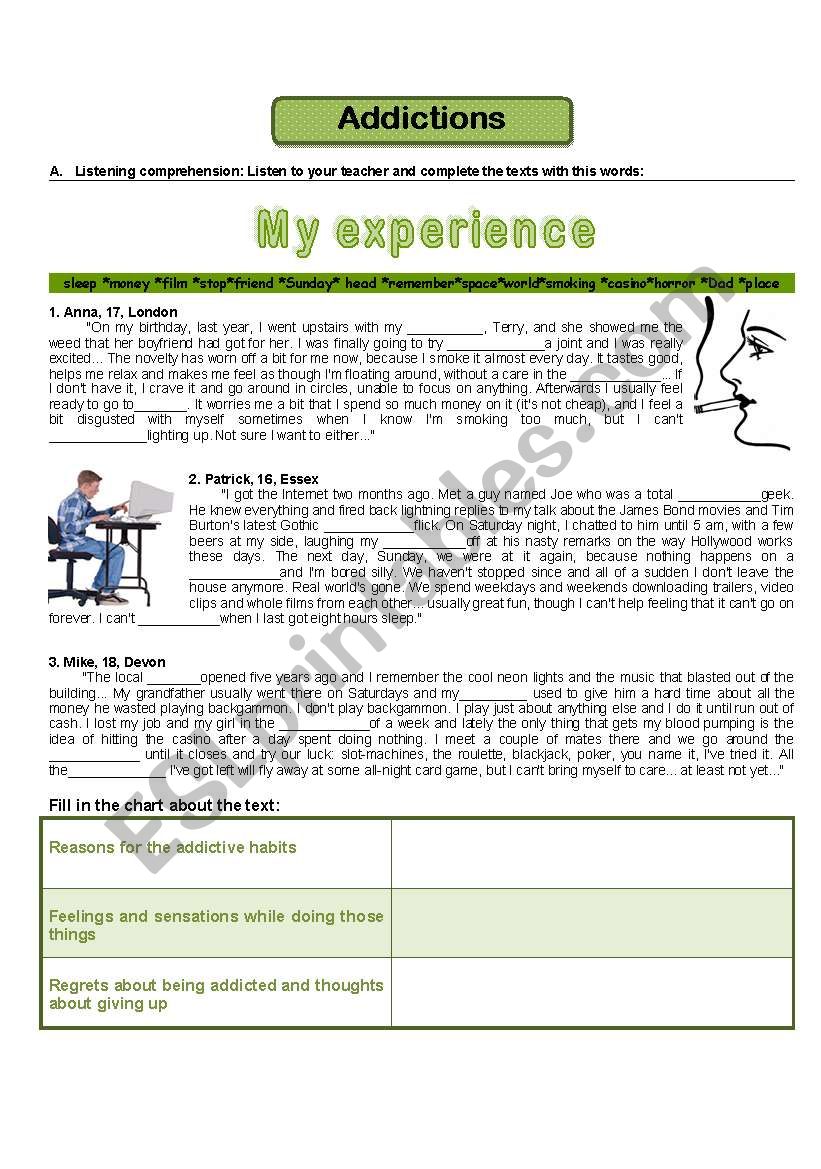 Addictions - my experience worksheet