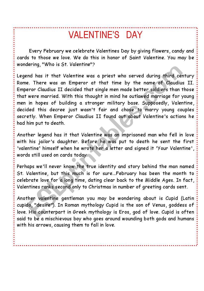 VALENTINES DAY HISTORY worksheet