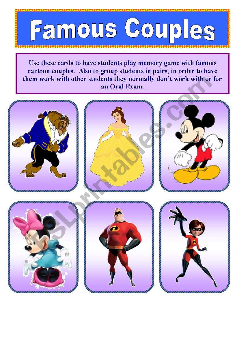 Famous Cartoon Couples (1 of 2) 14 Cards. - ESL worksheet by CHARMED ONE