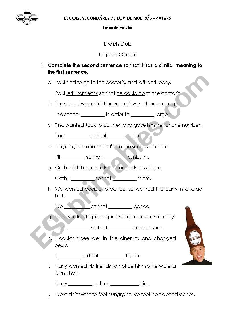 Purpose Clauses worksheet