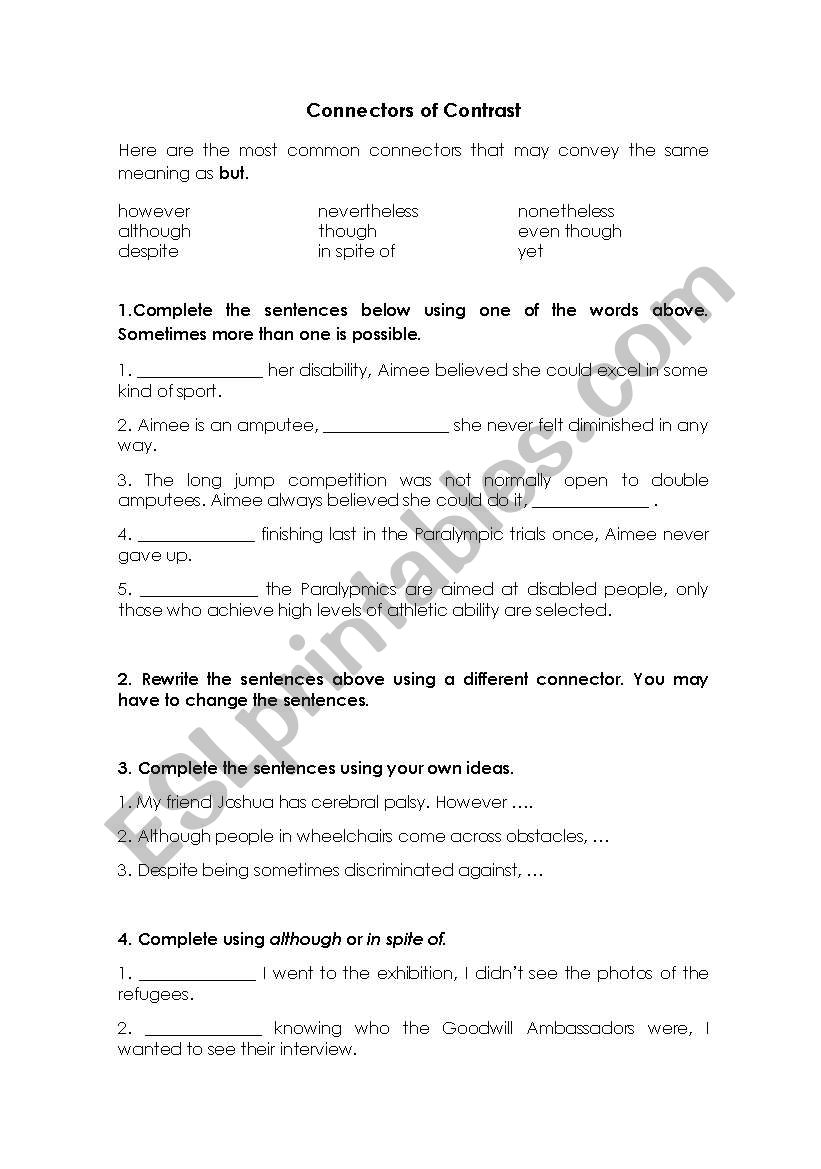 Connectors of contrast worksheet