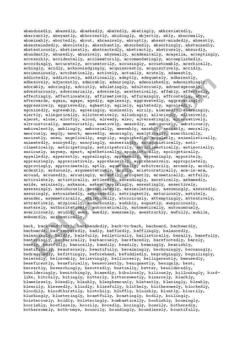 List of Adverbs worksheet