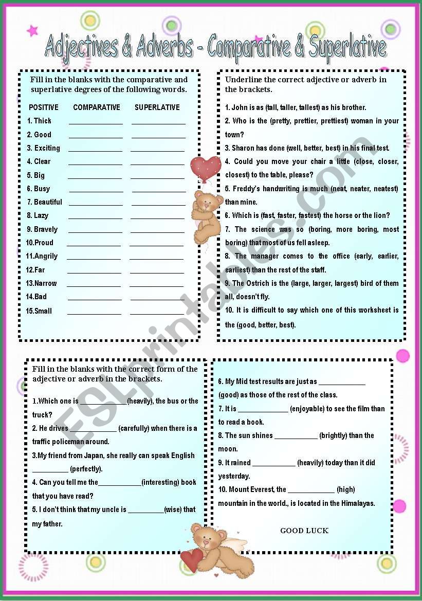 Adjectives And Adverbs Comparative Superlative Worksheet