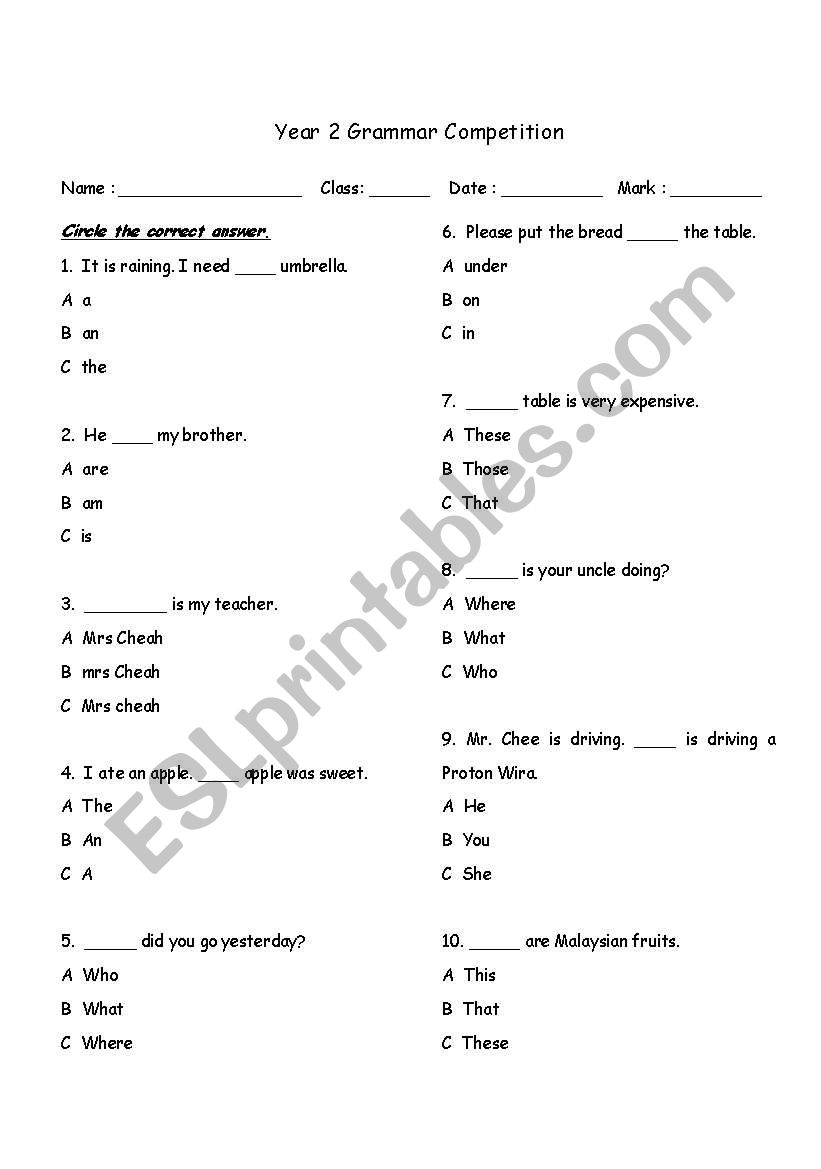 Grammar Competition worksheet